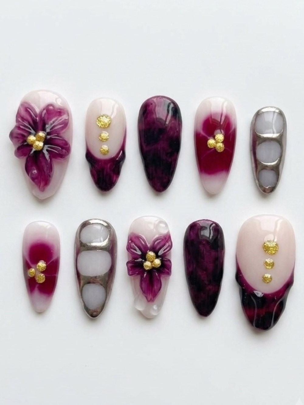 Pressed Floral Burgundy and Pearl False Nail Set - Women Makeup